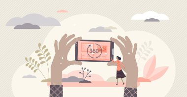 Sanal tur vektör çizimi. 360 yuvarlak sembol düz minicik insan konsepti