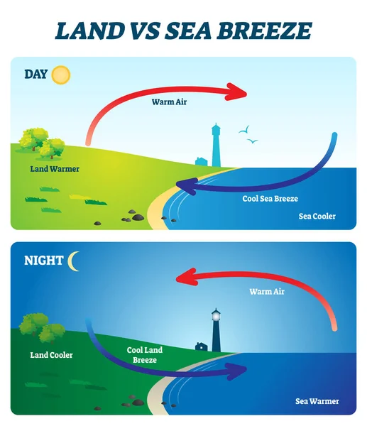 Land vs tengeri szellő vektor illusztráció. Címkézett szárazföldi szélenergia-magyarázó rendszer — Stock Vector