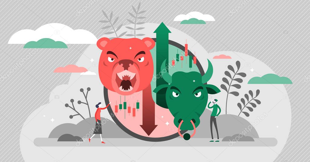 Bears vs bulls vector illustration. Stock market flat tiny persons concept.
