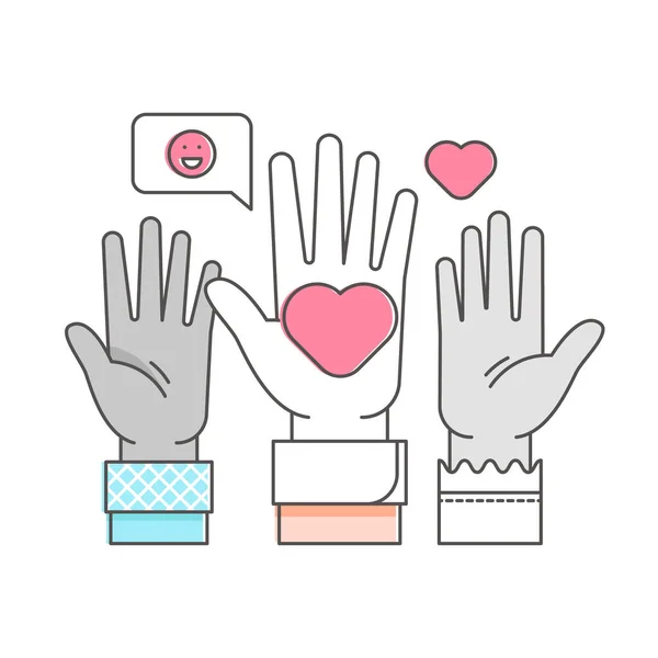 Volunteer raised hands outline concept vector illustration — Stock Vector