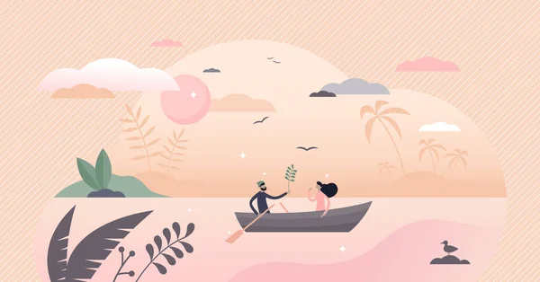 Pareja en la ilustración del vector del barco. Romántico fecha plana diminutas personas concepto — Vector de stock