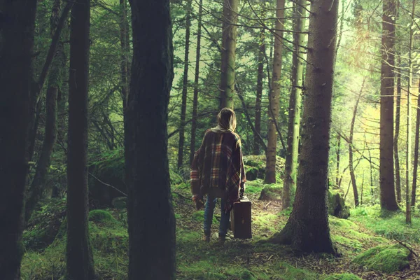 Mulher de viagem procura maneira de sair de uma floresta misteriosa e nebulosa — Fotografia de Stock
