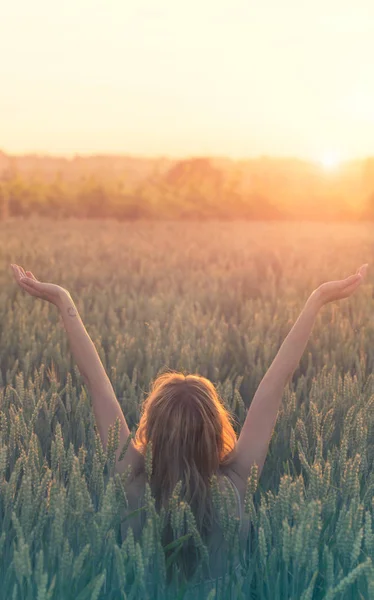 Paz e amor, mulher hipster celebra o nascimento do sol em um campo de trigo — Fotografia de Stock