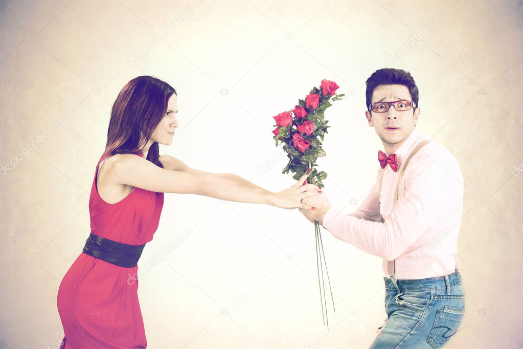 angry woman refuses roses for Valentine's Day