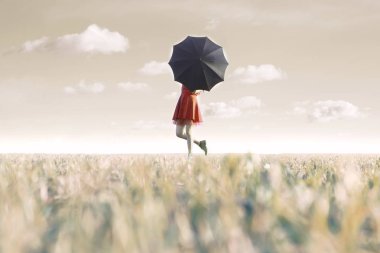 woman hides behind his black umbrella in a surreal place clipart