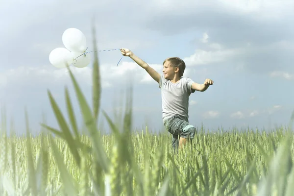 Мальчик веселится со своими воздушными шарами посреди природы — стоковое фото