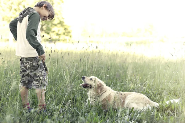Молодой хозяин учит свою собаку играть в палку — стоковое фото