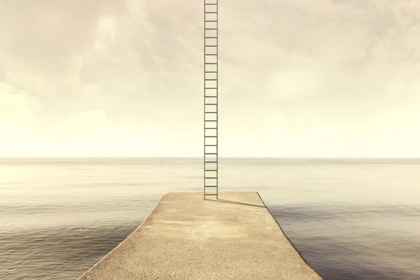 Surreal ladder rises up into the sky in a silent sea landscape — Stock Photo, Image