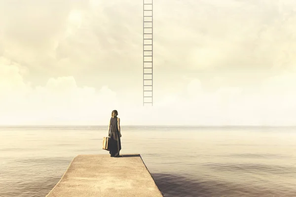 Niezdecydowana kobieta nie wiem, czy wspinać się schody z nieba do miejsca docelowego, rozczarowani — Zdjęcie stockowe