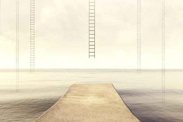 超现实阶梯上升入天空中沉默之海景观 — 图库照片