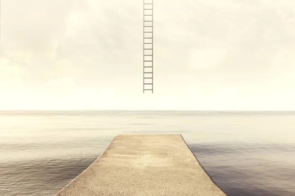 Surrealistické žebřík se zvedá až do nebe v krajině tiché moře — Stock fotografie