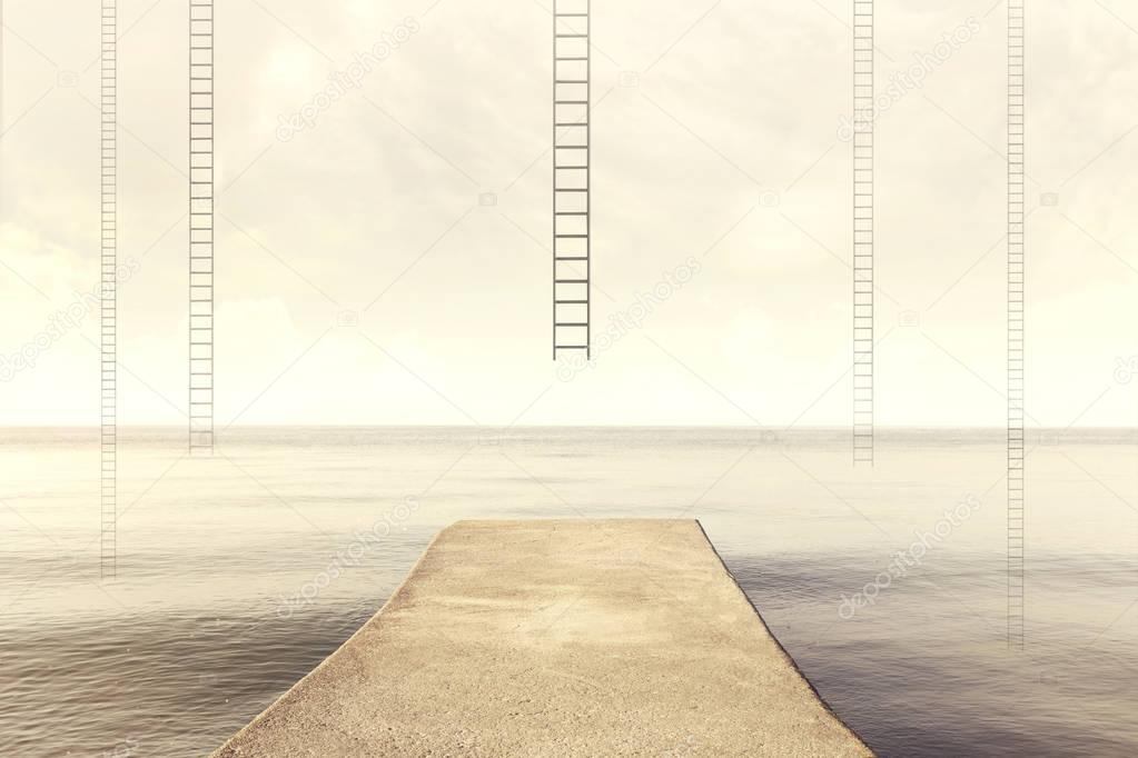 surreal ladder rises up into the sky in a silent sea landscape