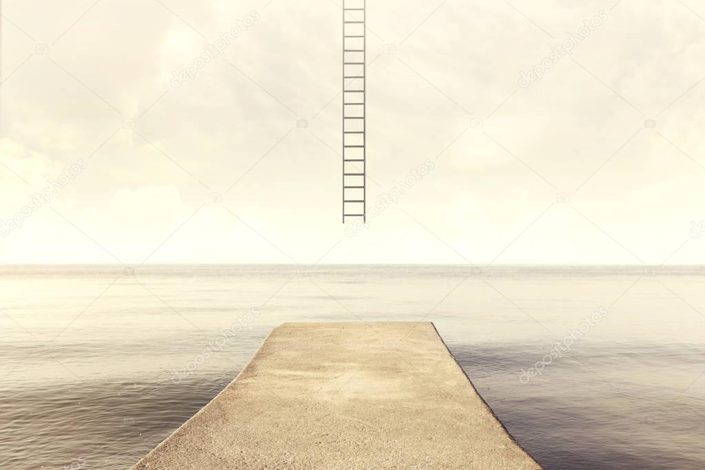 surreal ladder rises up into the sky in a silent sea landscape