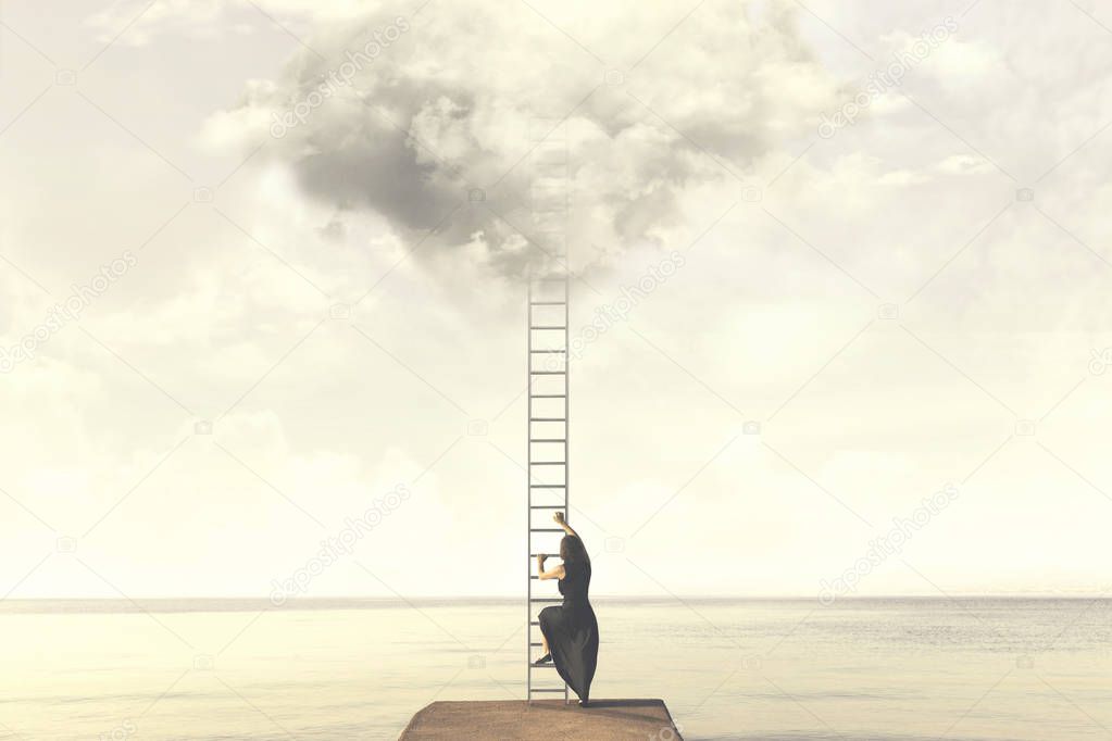 Surreal moment of woman climbing an imaginary scale to the clouds