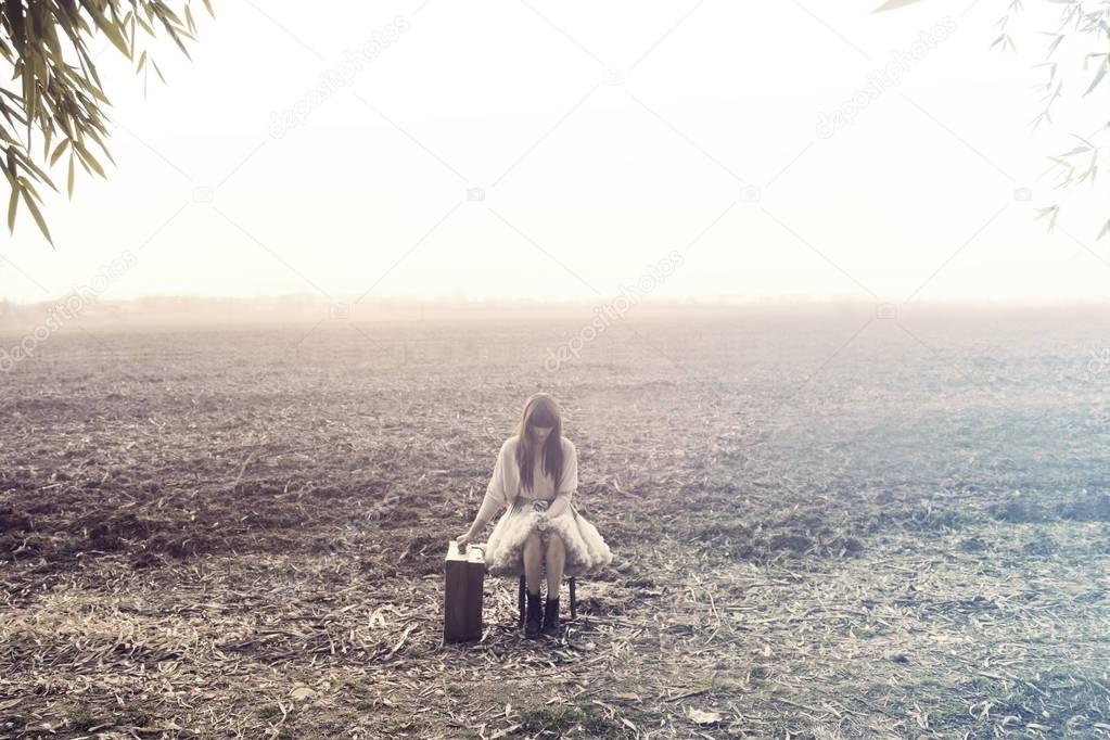 Solitary woman relaxes sitting in the middle of nature