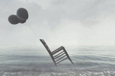 dengede balon uçan tarafından düzenlenen bir sandalyenin gerçeküstü görüntü