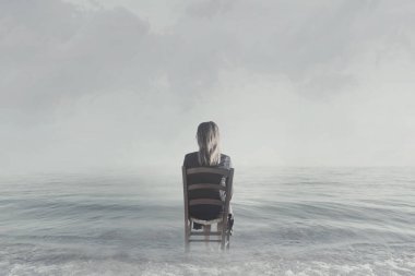 lonely woman sitting on shore at the ocean looks at infinity clipart
