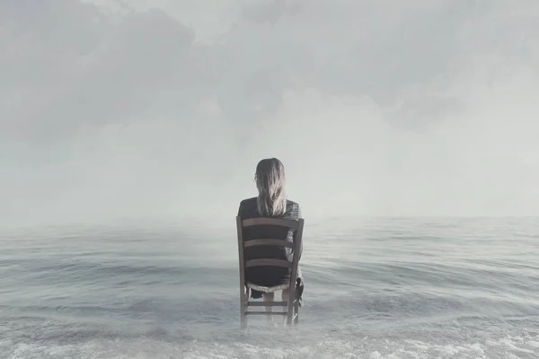Eenzame Vrouw Zittend Kust Bij Oceaan Kijkt Naar Oneindig — Stockfoto