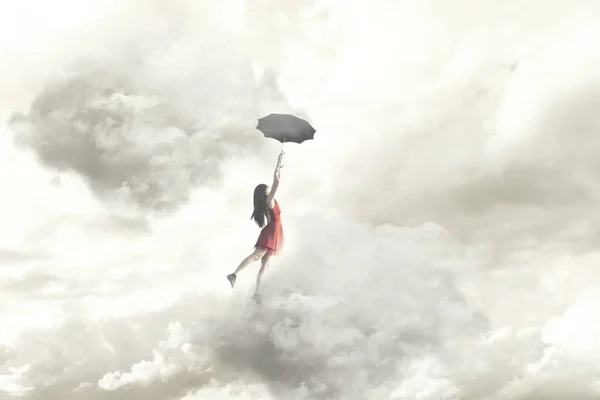 Сюрреалистичный Момент Элегантная Женщина Летит Посреди Облаков Висящих Зонтике — стоковое фото