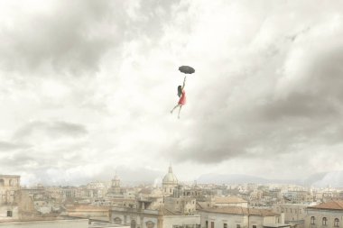 Surreal moment of a woman flying with her umbrella over the city clipart