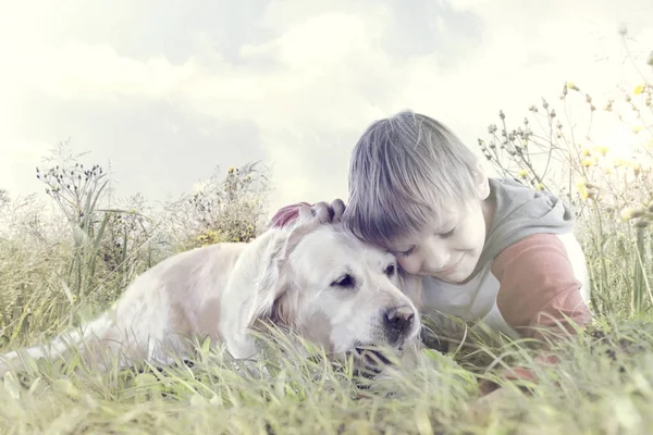 Sweet Little Boy Affectionately Hugs His Dog Middle Nature — Stock Photo, Image