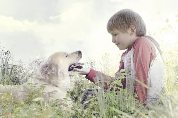 Young Boy Gently Caresses His Dog — Stock Photo, Image