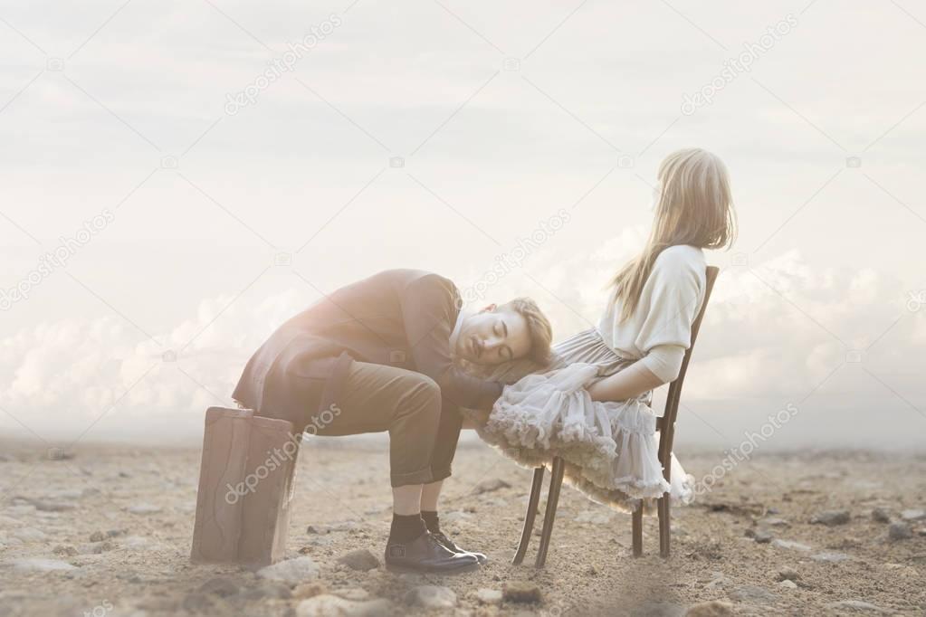 romantic scene of a couple having  gestures of affection in a surreal atmosphere