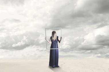 surreal woman with blue dress with hidden face holding a frame of an empty framework in a sea landscape clipart