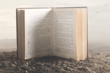 Okunmayı bekleyen doğa ortasında açık bir dev kitabın gerçeküstü görüntü