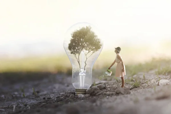 一个女人浇灌她的植物的超现实主义的形象 需要能量的灯泡 — 图库照片