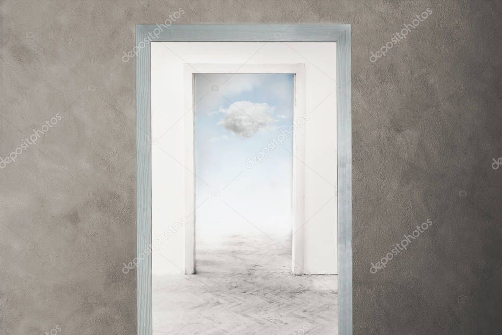 conceptual image of a door that opens towards freedom and dreams