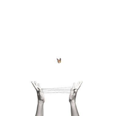 surreal moment of a colorful butterfly that flies free after having escaped from a man-made trap clipart