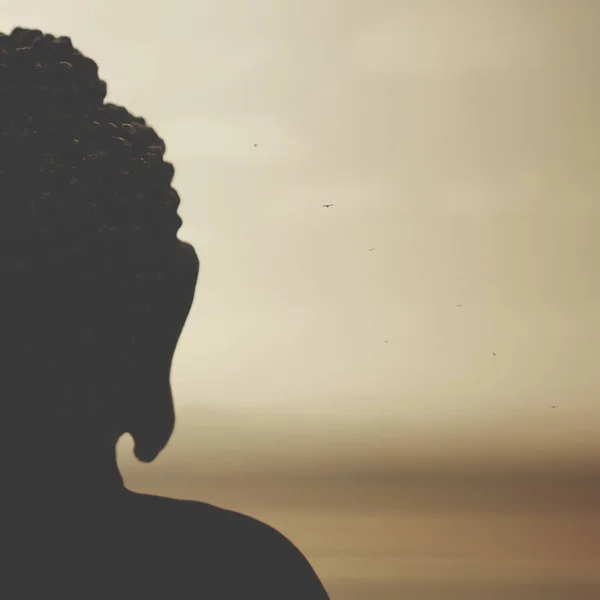 buddha in backlight in meditation towards the rising sun