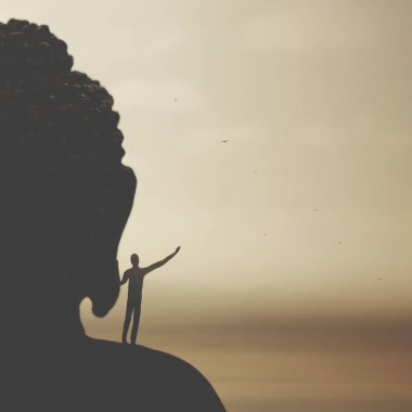Küçük adam bir eliyle dev bir Buda 'nın üzerinde nefes alıyor.