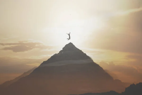 一个人在山顶上的超现实跳跃 成功的概念 — 图库照片
