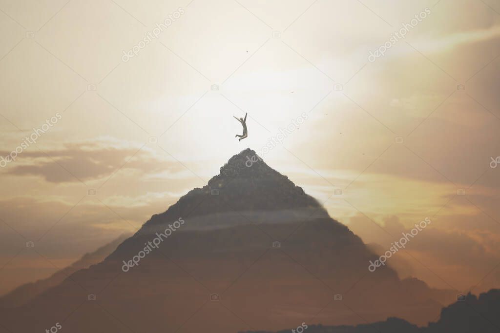 surreal jump of a man on the peak of a mountain, concept of success