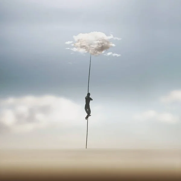 Surrealistyczny Człowiek Wspina Się Chmurę Poszukiwaniu Wolności — Zdjęcie stockowe