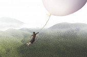 adventurous journey of a woman carried by a giant balloon