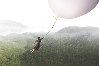 adventurous journey of a woman carried by a giant balloon clipart