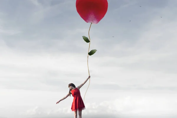 Mujer Soñadora Vuela Aferrada Una Flor Forma Corazón — Foto de Stock