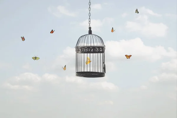 Surrealistisk Bild Fjäril Fångad Bur Och Andra Fria Flygande Fjärilar — Stockfoto