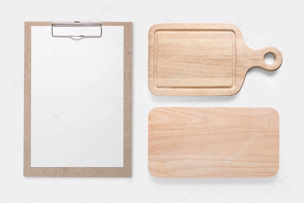 Design concept of mockup clip board and cutting board set isolated on white background. Copy space for text and logo. Clipping Path included on white background.