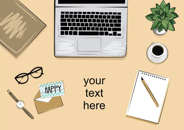 Modern minimalist iş yerinde. Vektör çizim. Üstten Görünüm