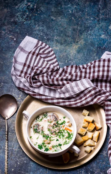 Sopa de queso con croutons en tazón blanco . — Foto de Stock