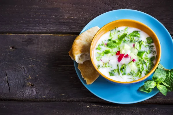 Sopa fría azerbaiyana / rusa con verduras sobre fondo rústico oscuro . — Foto de Stock