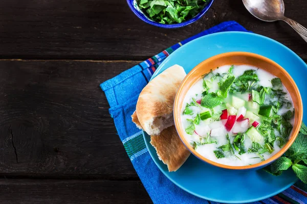 Rustik koyu arka plan üzerinde yeşillikleri ile Azerbaycan/Rus soğuk çorba.