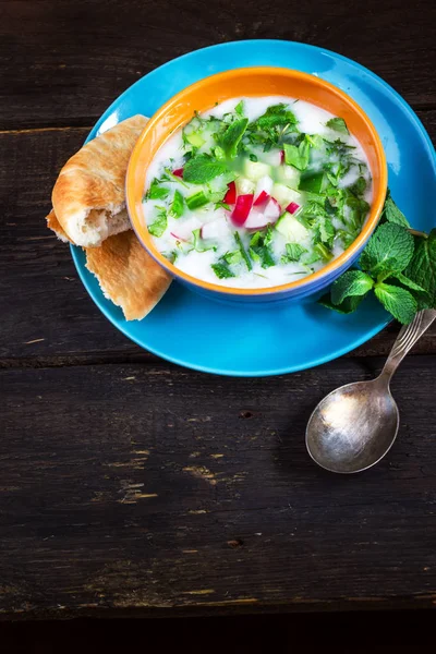 Sopa fría azerbaiyana / rusa con verduras sobre fondo rústico oscuro . — Foto de Stock