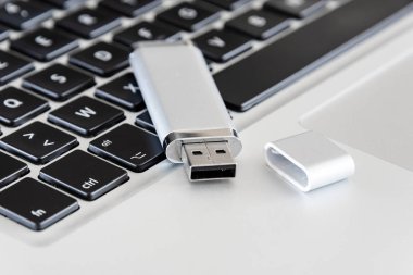 Bir Usb flash disk ve bir dizüstü bilgisayar. 