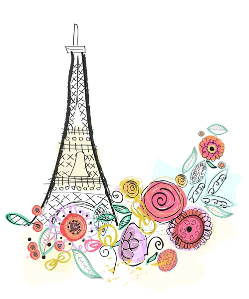 Torre Eiffel y flores de verano vector tarjeta de felicitación ilustración — Archivo Imágenes Vectoriales