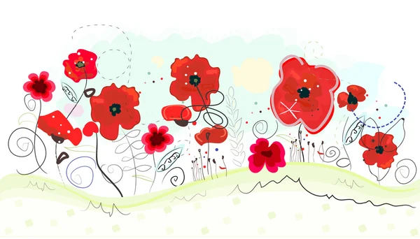 Abstract doodle flowers and red poppies vector background. Spring time watercolor red poppy flower vector illustration — Stock Vector